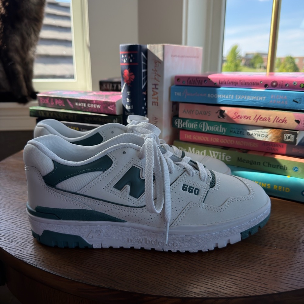 New Balance  550 White and Teal Low-Top Sneakers